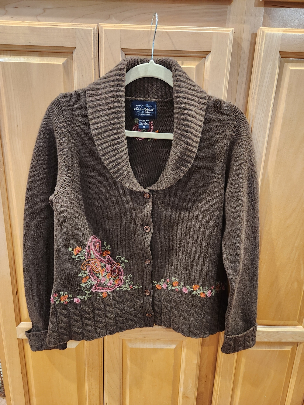 Eddie Bauer Brown Shawl-Collar Button Cardigan with Floral Embroidery